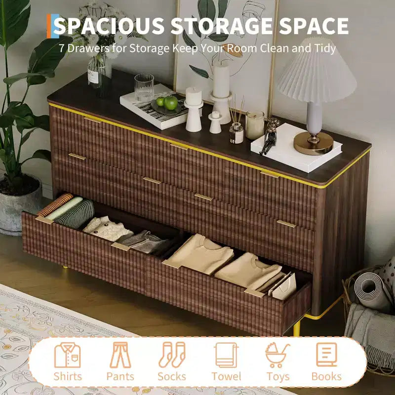 7 Drawers Dresser for Bedroom, 54in Wide Fluted Chest of Drawers Dresser Wood Storage Cabinet Curved Design TV Stand with Gold Metal Handles 11