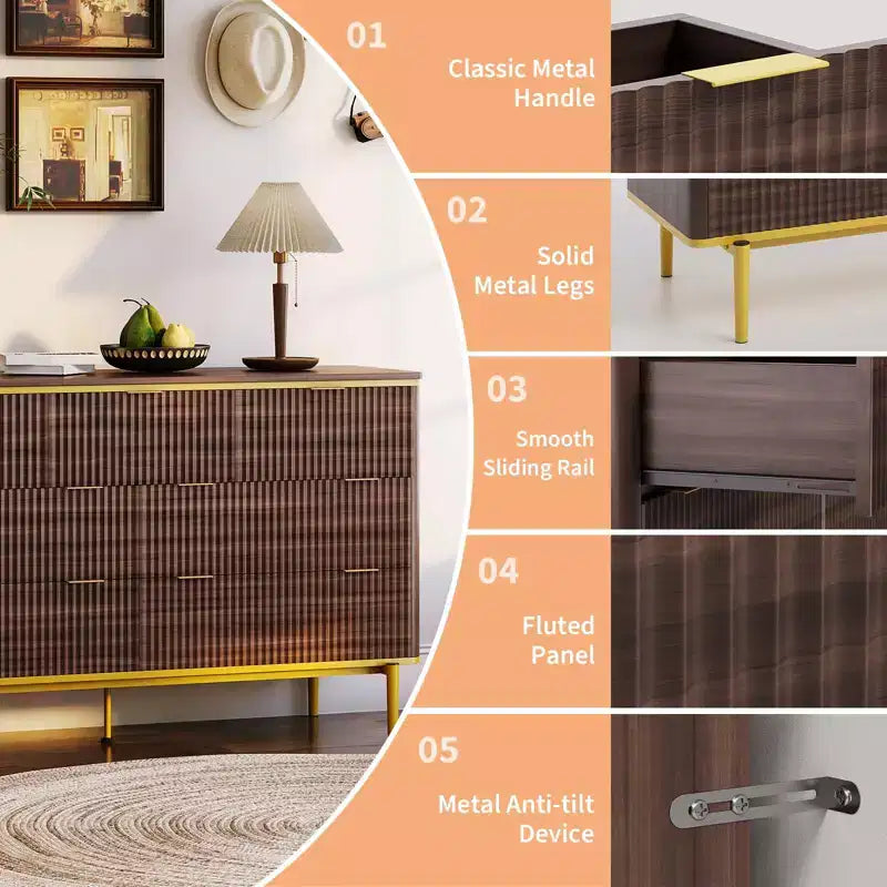 7 Drawers Dresser for Bedroom, 54in Wide Fluted Chest of Drawers Dresser Wood Storage Cabinet Curved Design TV Stand with Gold Metal Handles 12