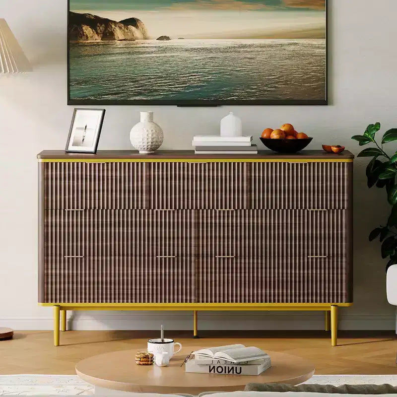 7 Drawers Dresser for Bedroom, 54in Wide Fluted Chest of Drawers Dresser Wood Storage Cabinet Curved Design TV Stand with Gold Metal Handles 13