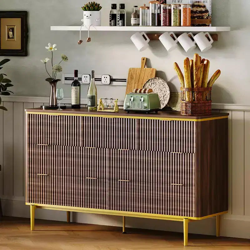 7 Drawers Dresser for Bedroom, 54in Wide Fluted Chest of Drawers Dresser Wood Storage Cabinet Curved Design TV Stand with Gold Metal Handles 14