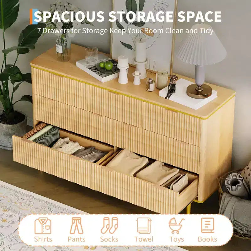 7 Drawers Dresser for Bedroom, 54in Wide Fluted Chest of Drawers Dresser Wood Storage Cabinet Curved Design TV Stand with Gold Metal Handles 4