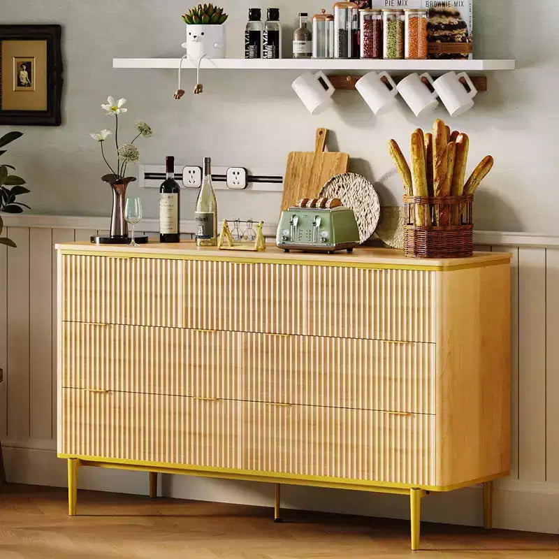 7 Drawers Dresser for Bedroom, 54in Wide Fluted Chest of Drawers Dresser Wood Storage Cabinet Curved Design TV Stand with Gold Metal Handles 5