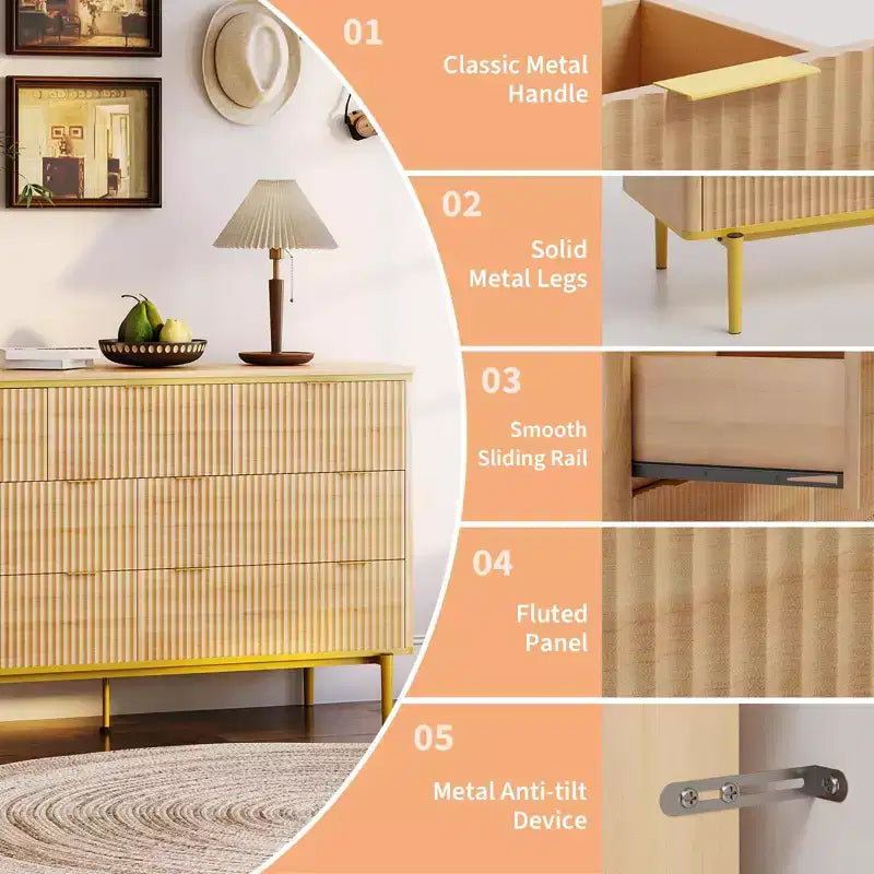 7 Drawers Dresser for Bedroom, 54in Wide Fluted Chest of Drawers Dresser Wood Storage Cabinet Curved Design TV Stand with Gold Metal Handles 6