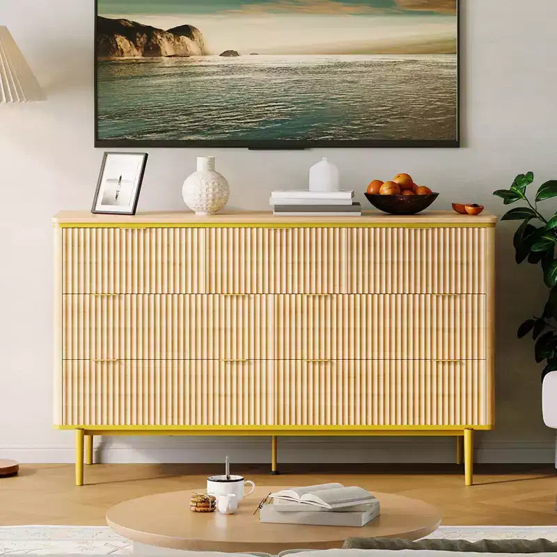 7 Drawers Dresser for Bedroom, 54in Wide Fluted Chest of Drawers Dresser Wood Storage Cabinet Curved Design TV Stand with Gold Metal Handles 7