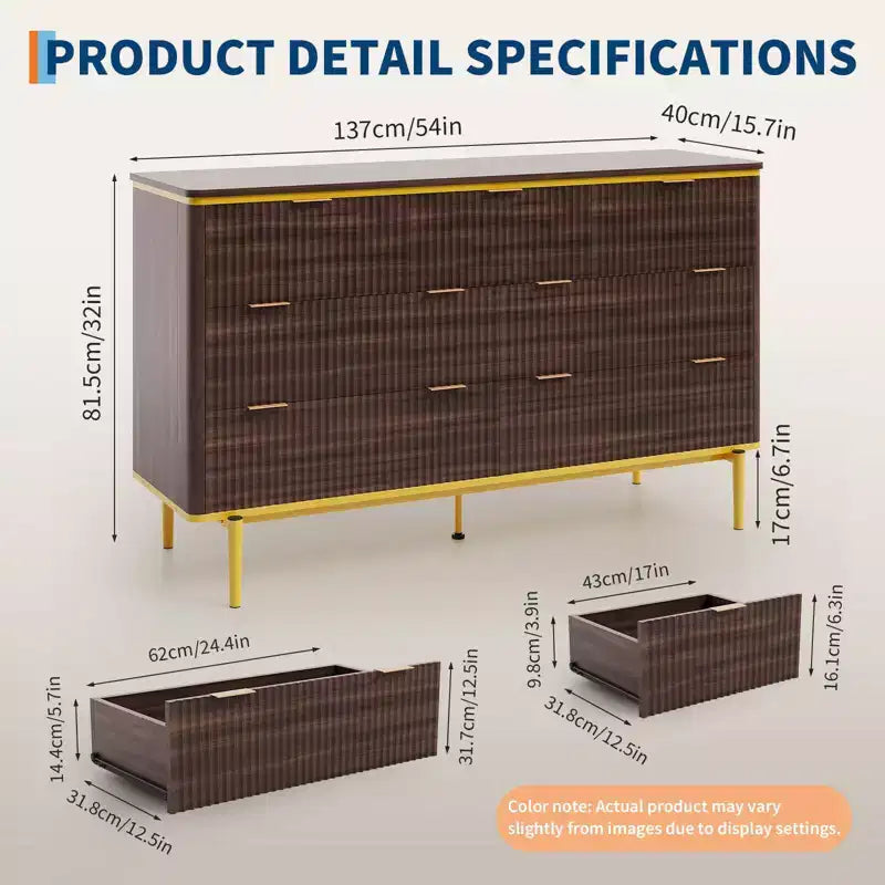 7 Drawers Dresser for Bedroom, 54in Wide Fluted Chest of Drawers Dresser Wood Storage Cabinet Curved Design TV Stand with Gold Metal Handles 9