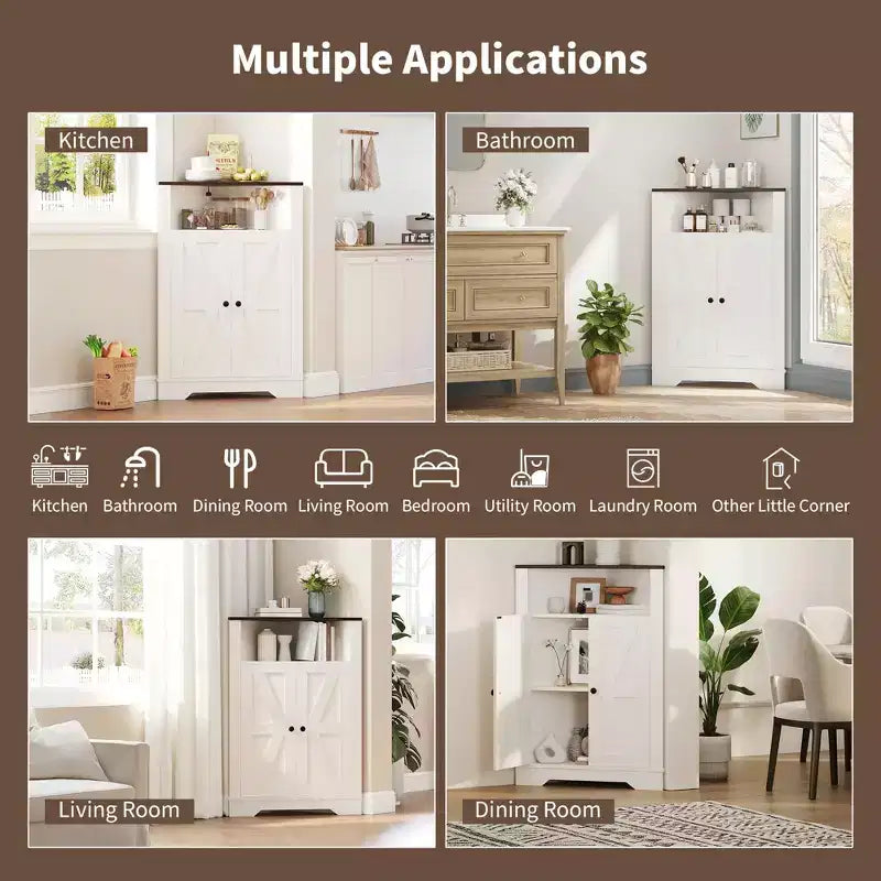 64.8 Tall Farmhouse Corner Cabinet with 4 Doors and 5 Storage Shelves, Farmhouse Storage Cabinet with Barn Door Design