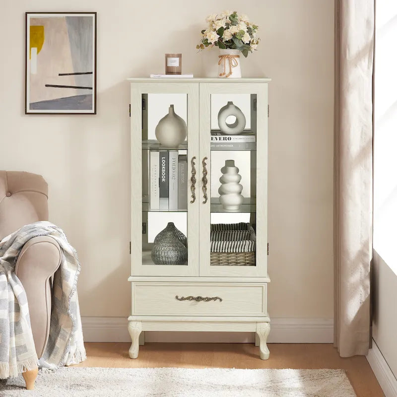 Lighted Glass Cabinet Curio Display Cabinet with Adjustable Glass Shelves 2 Doors and 1 drawer, Glass Wine Cabinet 28