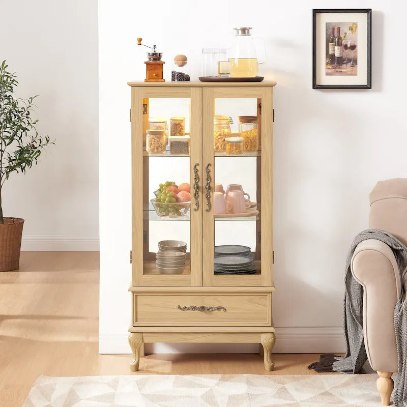 Lighted Glass Cabinet Curio Display Cabinet with Adjustable Glass Shelves 2 Doors and 1 drawer, Glass Wine Cabinet 29