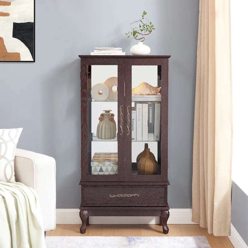 Lighted Glass Cabinet Curio Display Cabinet with Adjustable Glass Shelves 2 Doors and 1 drawer, Glass Wine Cabinet 30