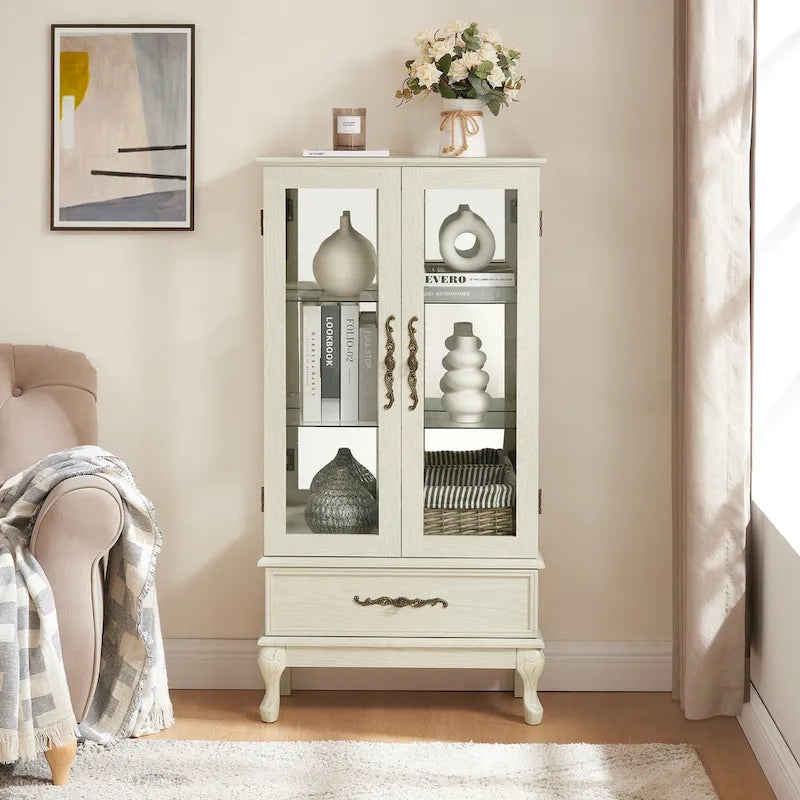Lighted Glass Cabinet Curio Display Cabinet with Adjustable Glass Shelves 2 Doors and 1 drawer, Glass Wine Cabinet