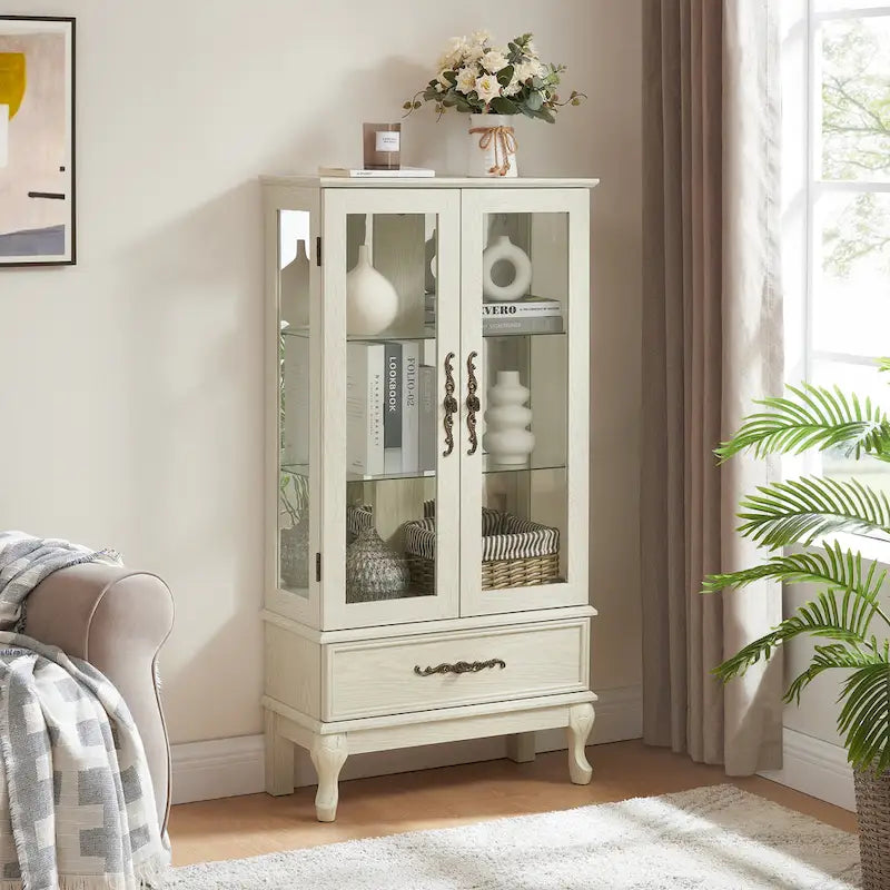 Lighted Glass Cabinet Curio Display Cabinet with Adjustable Glass Shelves 2 Doors and 1 drawer, Glass Wine Cabinet 3
