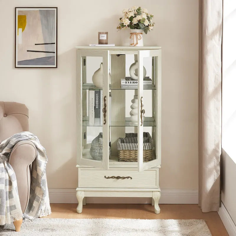 Lighted Glass Cabinet Curio Display Cabinet with Adjustable Glass Shelves 2 Doors and 1 drawer, Glass Wine Cabinet 4