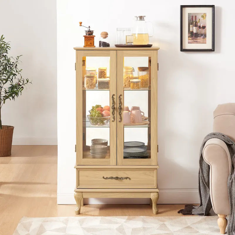 Lighted Glass Cabinet Curio Display Cabinet with Adjustable Glass Shelves 2 Doors and 1 drawer, Glass Wine Cabinet 10