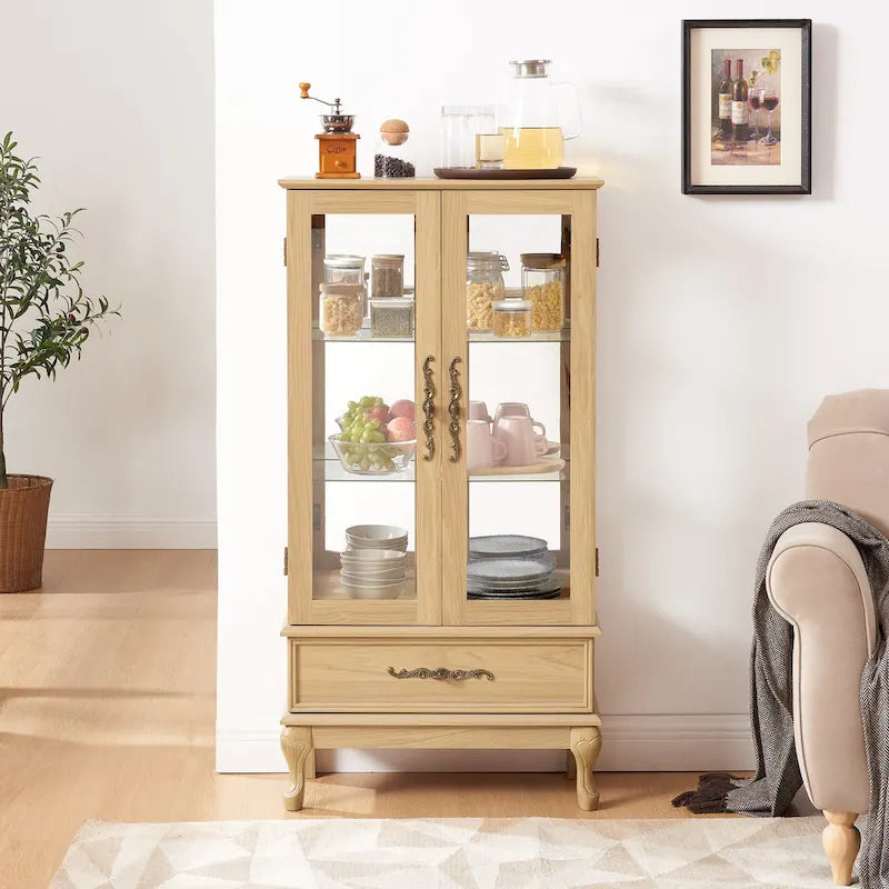 Lighted Glass Cabinet Curio Display Cabinet with Adjustable Glass Shelves 2 Doors and 1 drawer, Glass Wine Cabinet 11