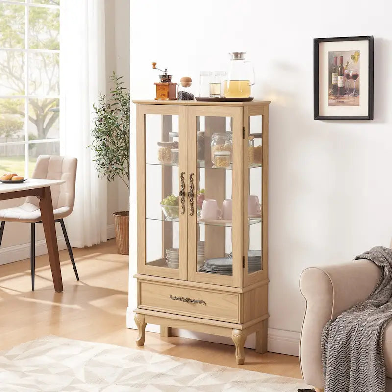 Lighted Glass Cabinet Curio Display Cabinet with Adjustable Glass Shelves 2 Doors and 1 drawer, Glass Wine Cabinet 12
