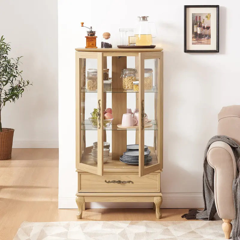 Lighted Glass Cabinet Curio Display Cabinet with Adjustable Glass Shelves 2 Doors and 1 drawer, Glass Wine Cabinet 13