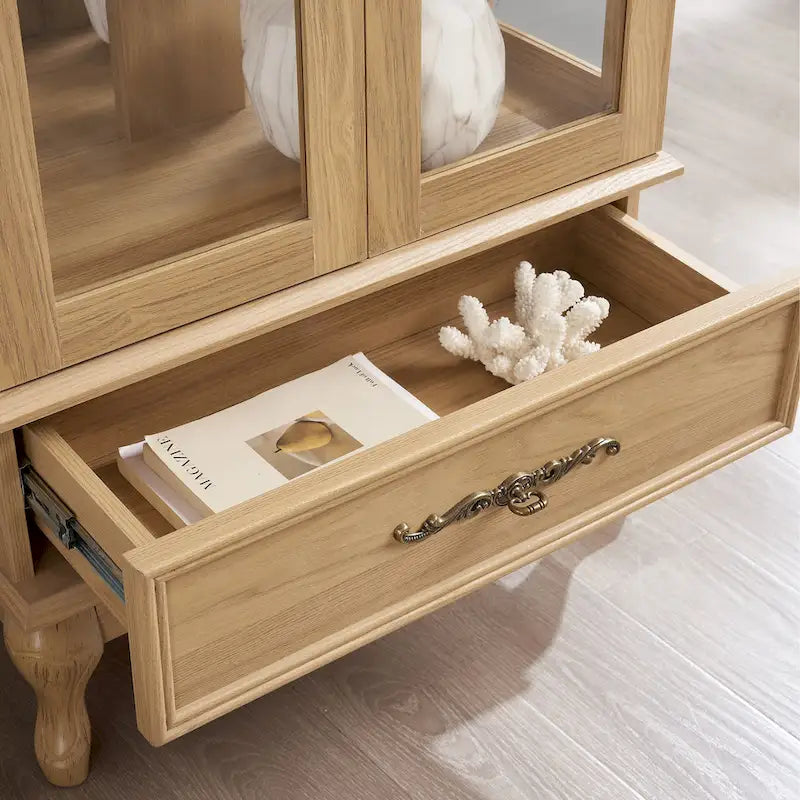 Lighted Glass Cabinet Curio Display Cabinet with Adjustable Glass Shelves 2 Doors and 1 drawer, Glass Wine Cabinet 14