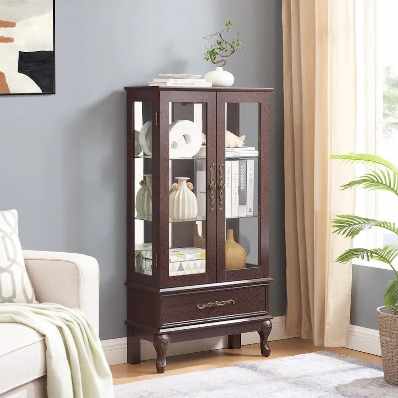 Lighted Glass Cabinet Curio Display Cabinet with Adjustable Glass Shelves 2 Doors and 1 drawer, Glass Wine Cabinet 20