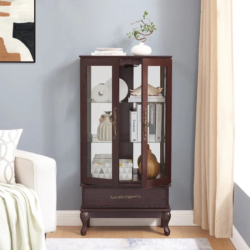 Lighted Glass Cabinet Curio Display Cabinet with Adjustable Glass Shelves 2 Doors and 1 drawer, Glass Wine Cabinet 21