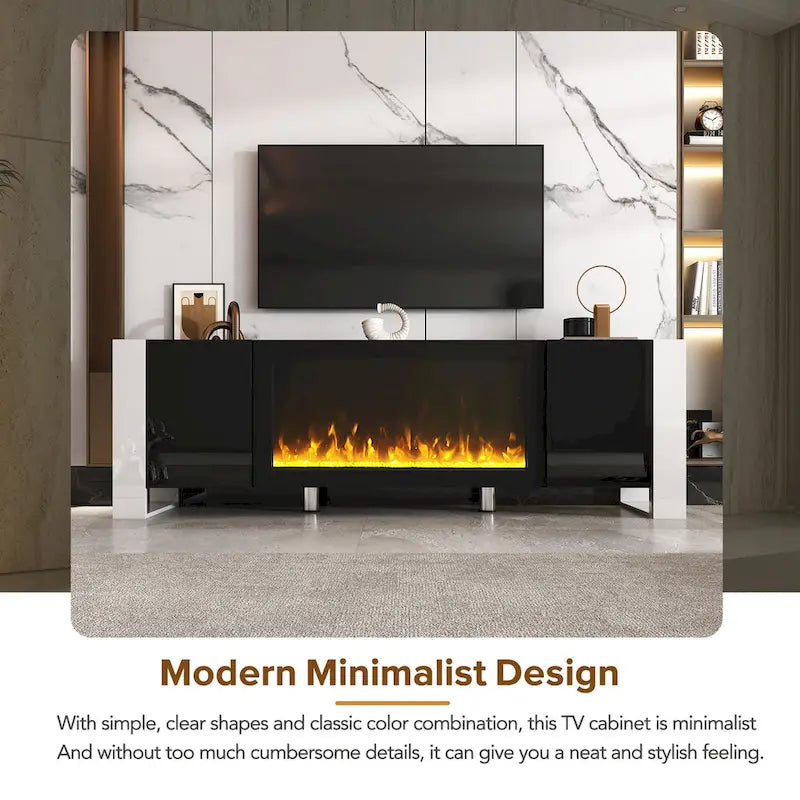 Black Modern 68.1 Fireplace TV Stand with 2 Large Cabinets for TVs Up to 78 4