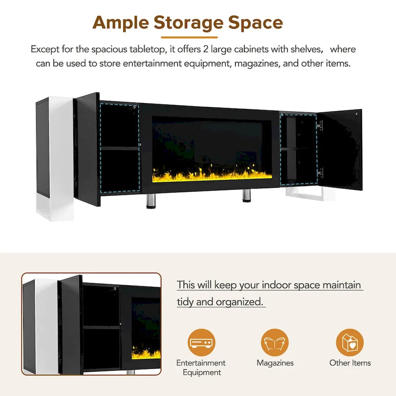 Black Modern 68.1 Fireplace TV Stand with 2 Large Cabinets for TVs Up to 78 5