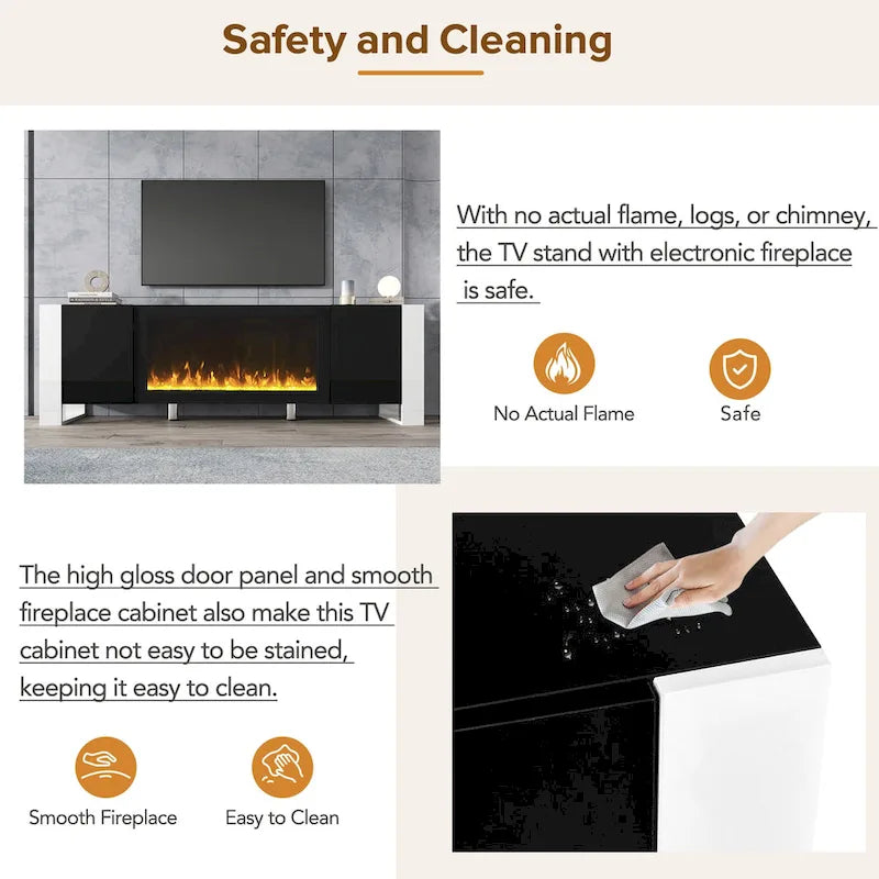 Black Modern 68.1 Fireplace TV Stand with 2 Large Cabinets for TVs Up to 78 6