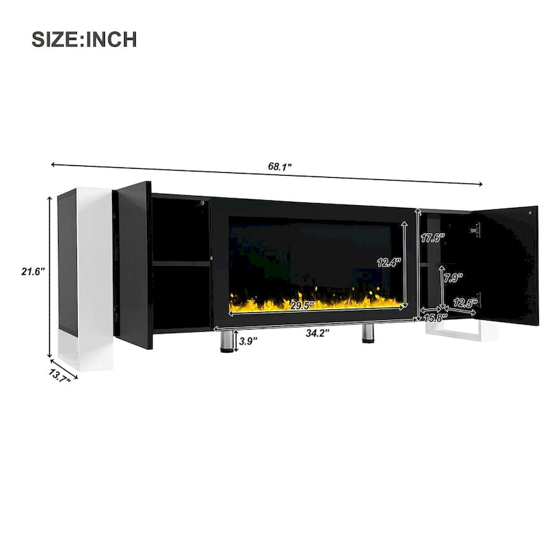 Black Modern 68.1 Fireplace TV Stand with 2 Large Cabinets for TVs Up to 78 7