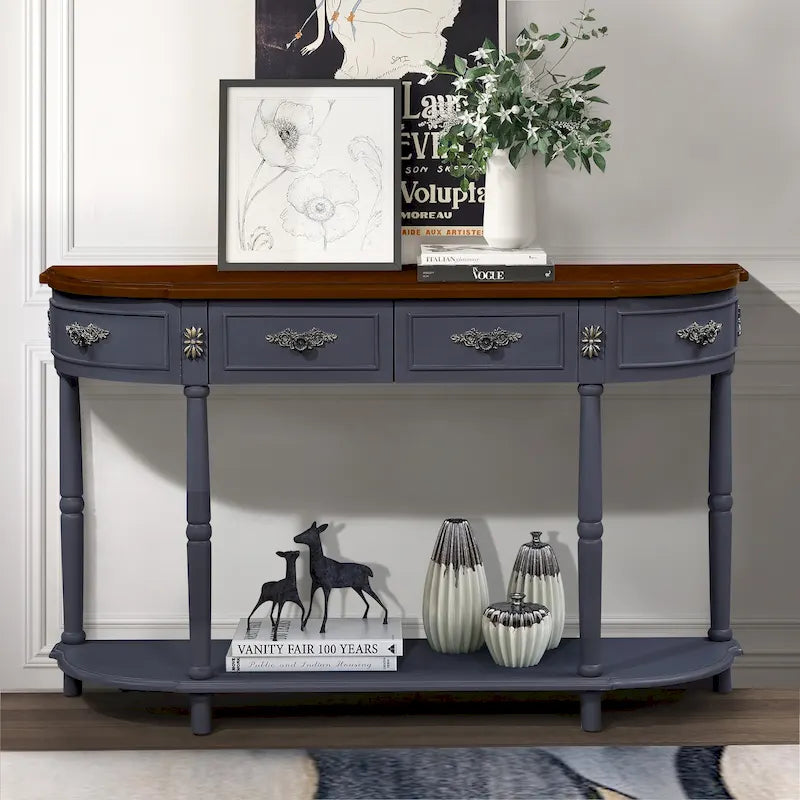 52 inch Circular Half Moon Sofa Table with Open Shelf and 2 Drawers 36