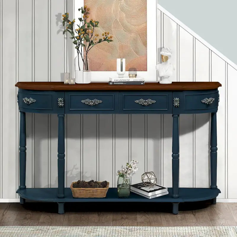 52 inch Circular Half Moon Sofa Table with Open Shelf and 2 Drawers 37