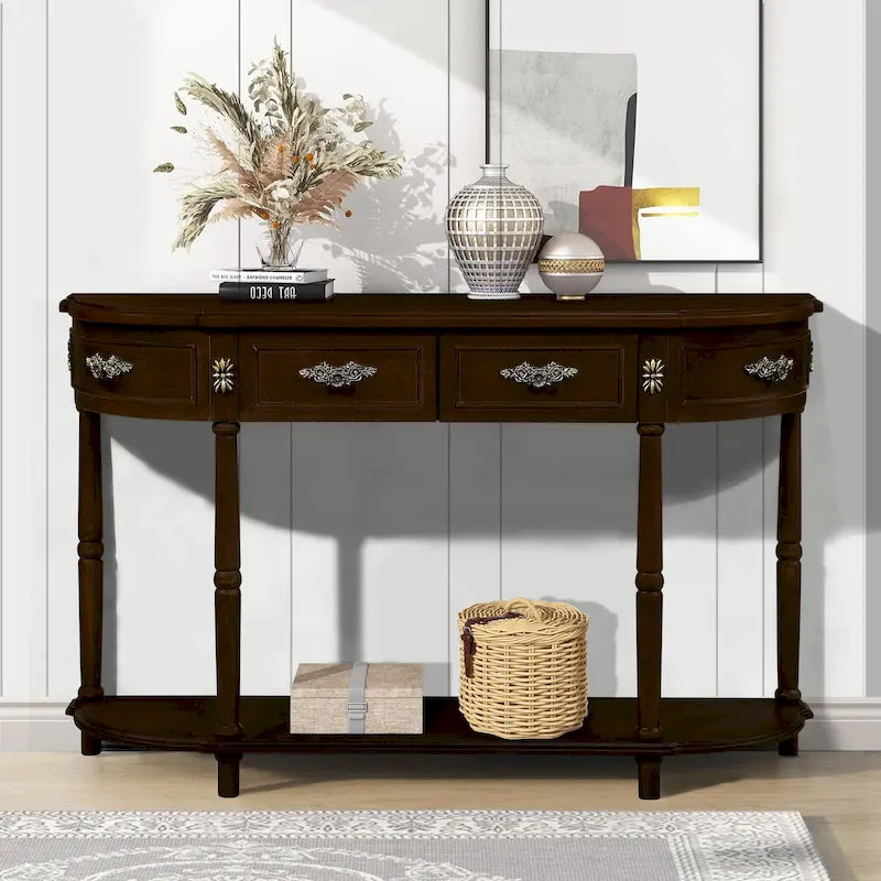 52 inch Circular Half Moon Sofa Table with Open Shelf and 2 Drawers 38