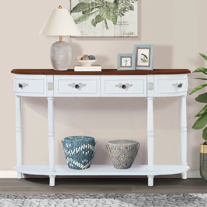 52 inch Circular Half Moon Sofa Table with Open Shelf and 2 Drawers 39