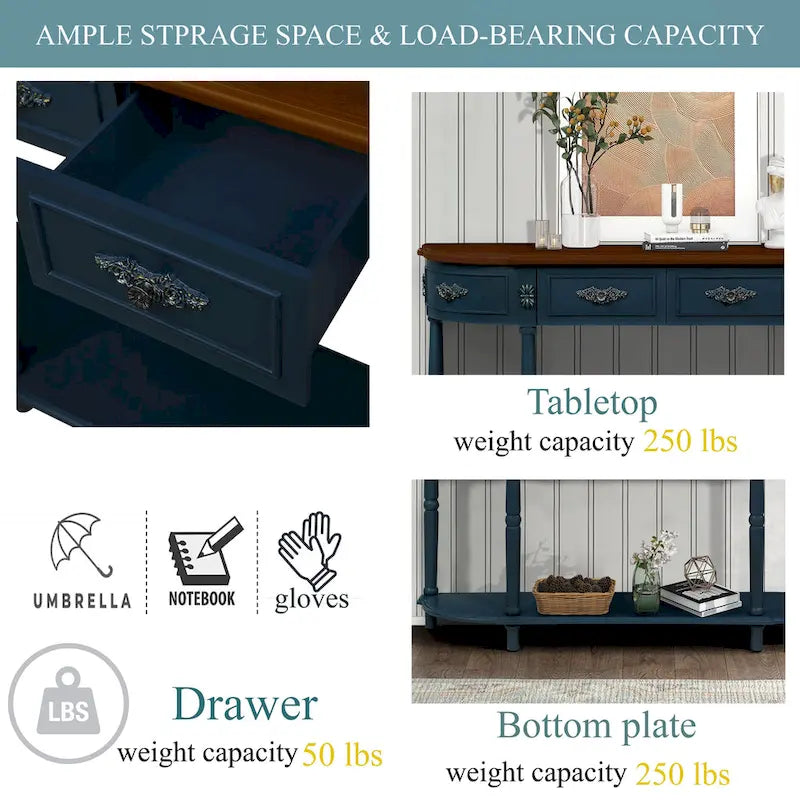 52 inch Circular Half Moon Sofa Table with Open Shelf and 2 Drawers 5