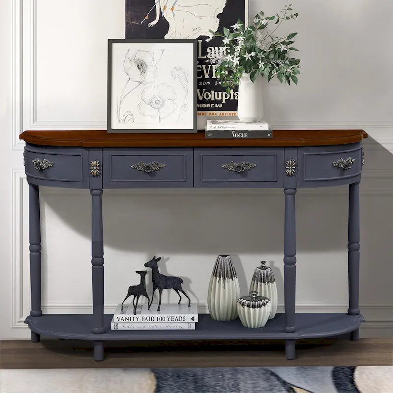 52 inch Circular Half Moon Sofa Table with Open Shelf and 2 Drawers 10