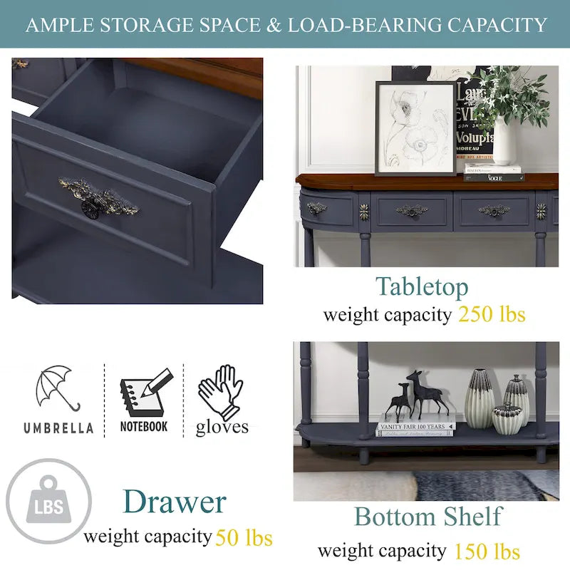 52 inch Circular Half Moon Sofa Table with Open Shelf and 2 Drawers 14