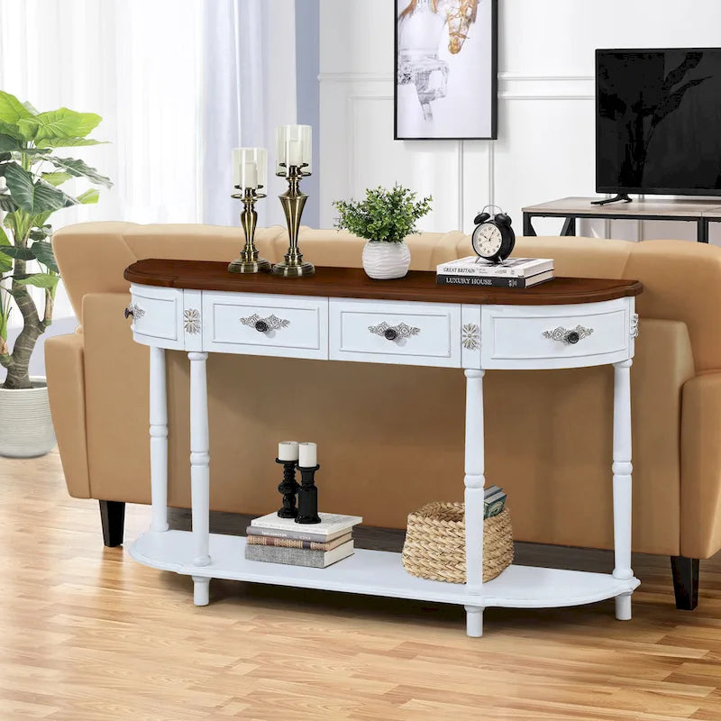 52 inch Circular Half Moon Sofa Table with Open Shelf and 2 Drawers 20