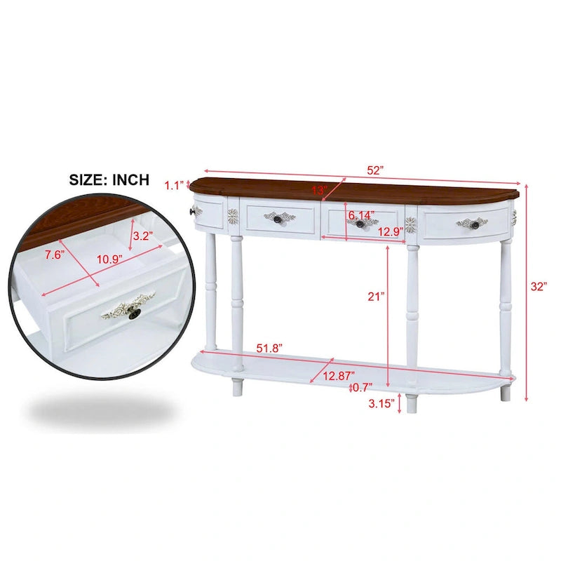 52 inch Circular Half Moon Sofa Table with Open Shelf and 2 Drawers 22
