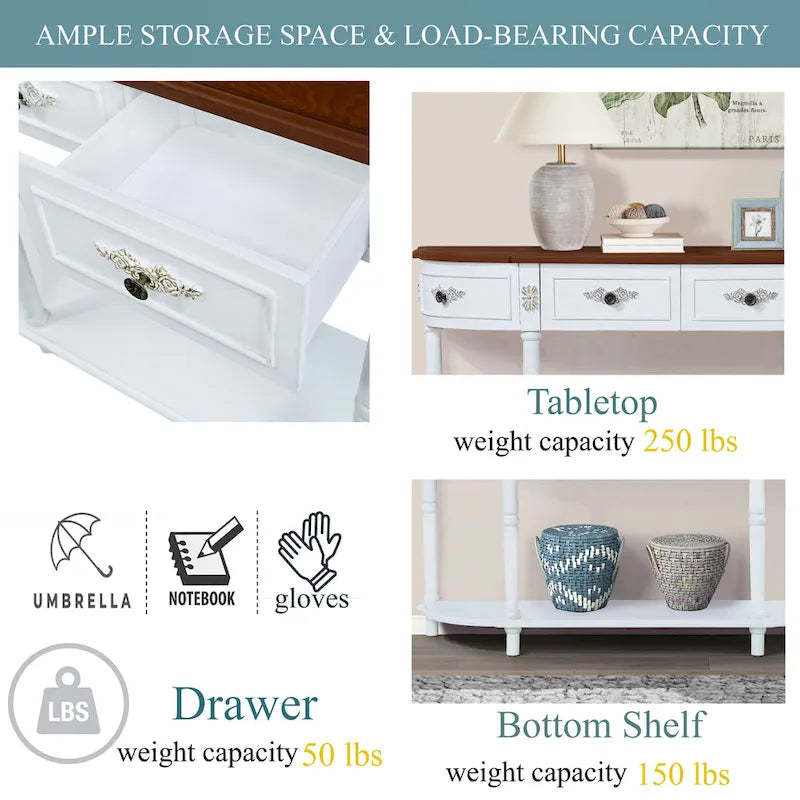 52 inch Circular Half Moon Sofa Table with Open Shelf and 2 Drawers 23