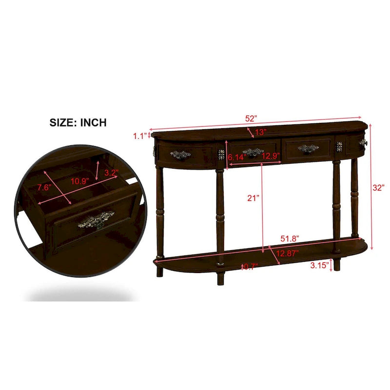 52 inch Circular Half Moon Sofa Table with Open Shelf and 2 Drawers 31
