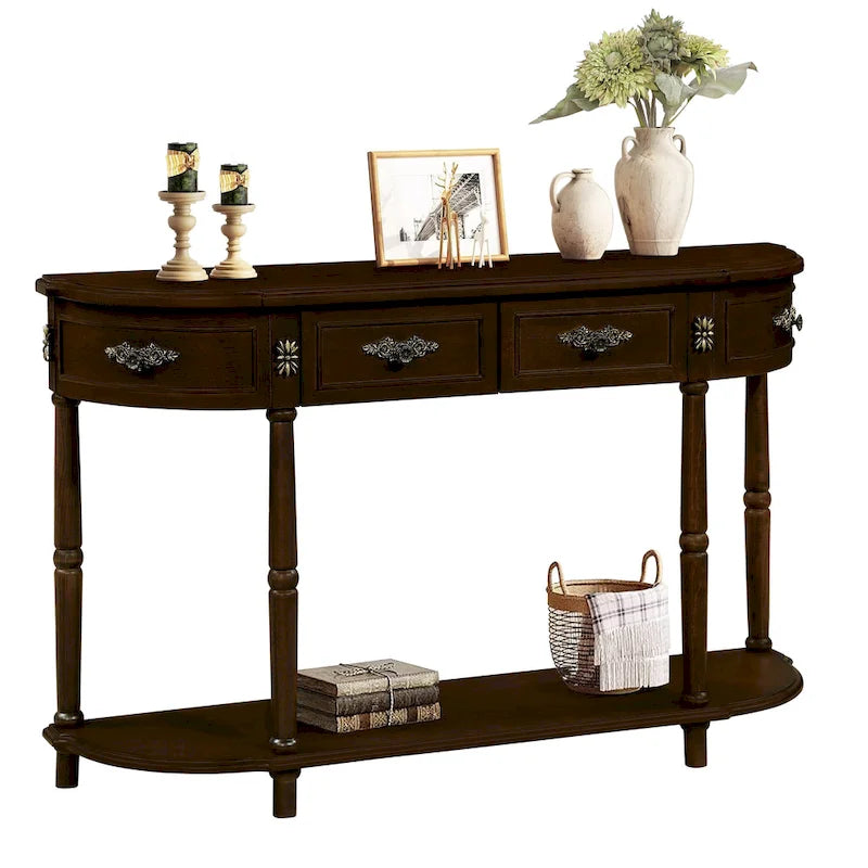 52 inch Circular Half Moon Sofa Table with Open Shelf and 2 Drawers 32