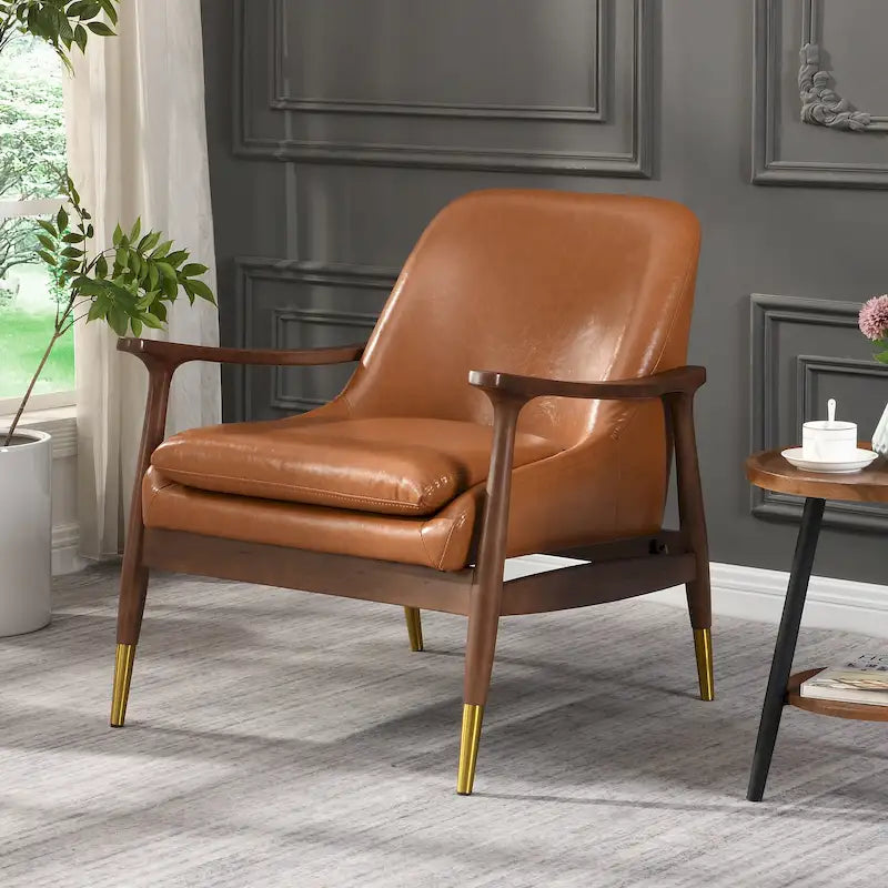 29.2 Mid-Century Faux Leather Accent Chair with Cushioned Seat, Solid Wood Frame, and Brass-Tipped Legs 11