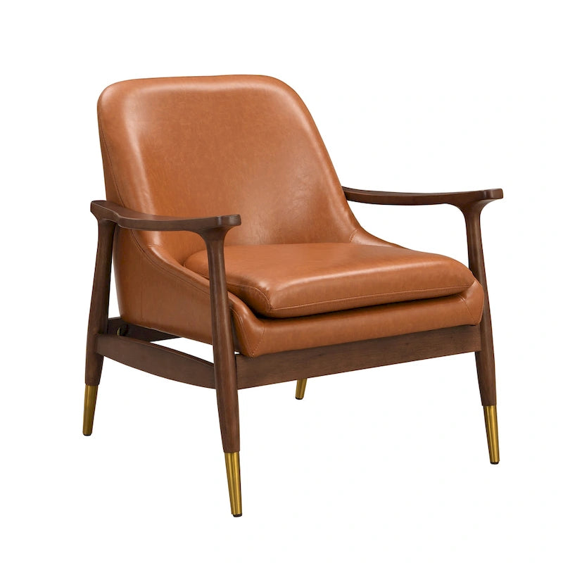 29.2 Mid-Century Faux Leather Accent Chair with Cushioned Seat, Solid Wood Frame, and Brass-Tipped Legs 3