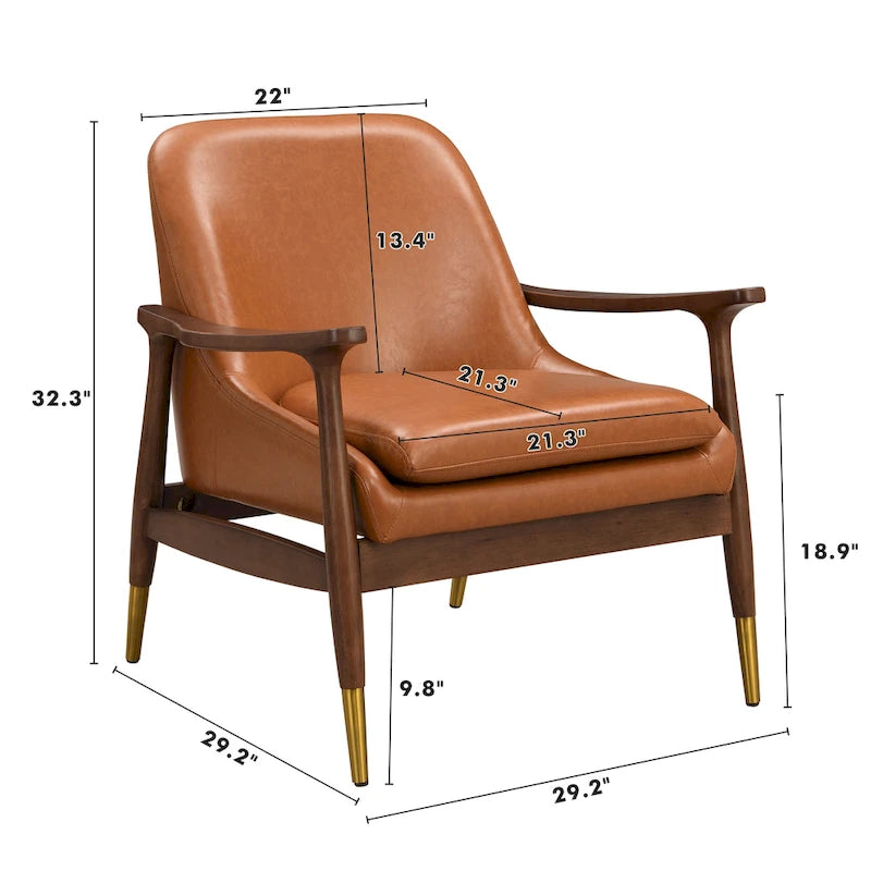 29.2 Mid-Century Faux Leather Accent Chair with Cushioned Seat, Solid Wood Frame, and Brass-Tipped Legs 4