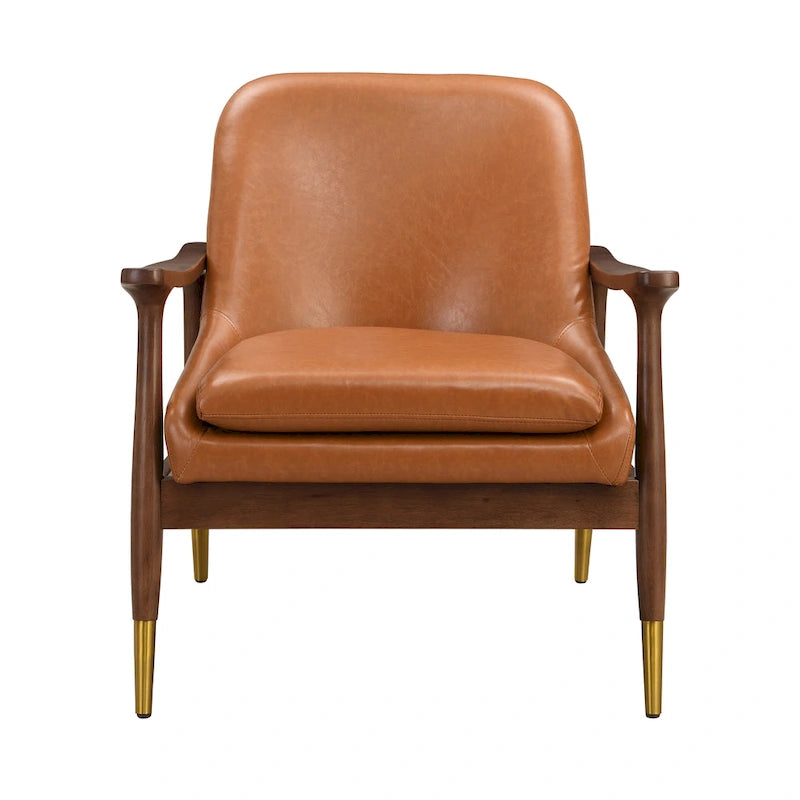 29.2 Mid-Century Faux Leather Accent Chair with Cushioned Seat, Solid Wood Frame, and Brass-Tipped Legs 5
