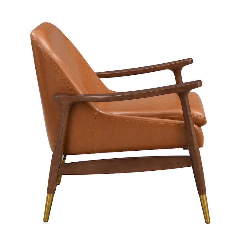 29.2 Mid-Century Faux Leather Accent Chair with Cushioned Seat, Solid Wood Frame, and Brass-Tipped Legs 6
