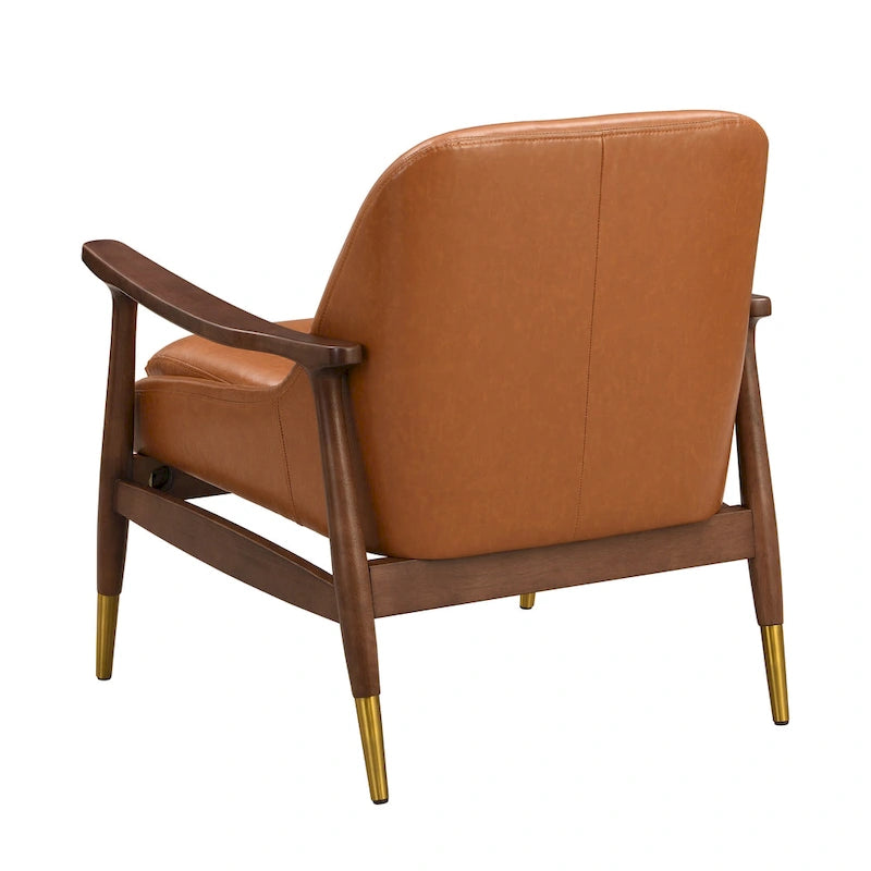29.2 Mid-Century Faux Leather Accent Chair with Cushioned Seat, Solid Wood Frame, and Brass-Tipped Legs 7