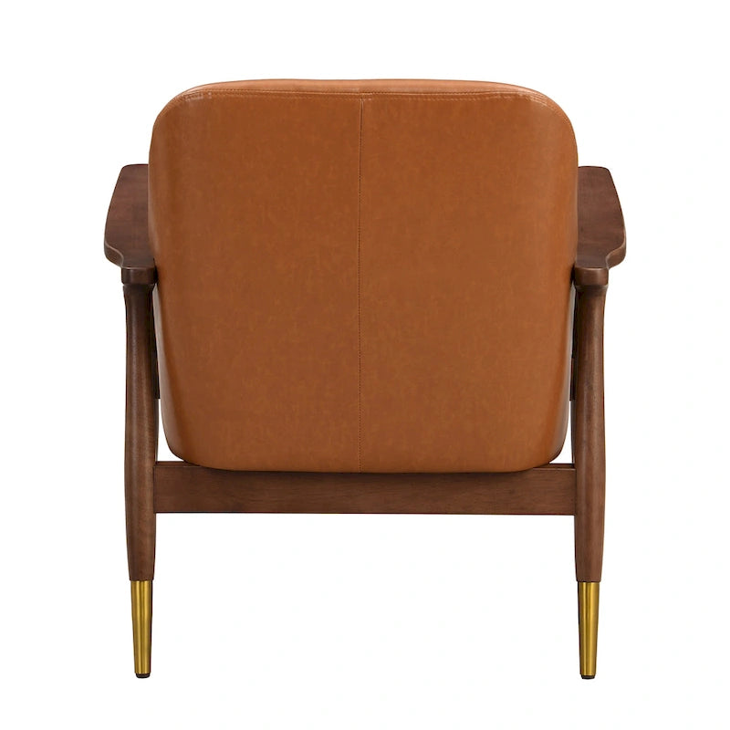 29.2 Mid-Century Faux Leather Accent Chair with Cushioned Seat, Solid Wood Frame, and Brass-Tipped Legs 8