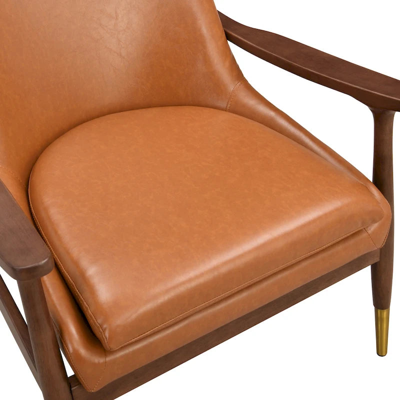 29.2 Mid-Century Faux Leather Accent Chair with Cushioned Seat, Solid Wood Frame, and Brass-Tipped Legs 10