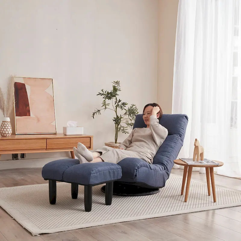 Navy Armless Swivel Recliner Set with Ottoman, Adjustable Headrest, Backrest