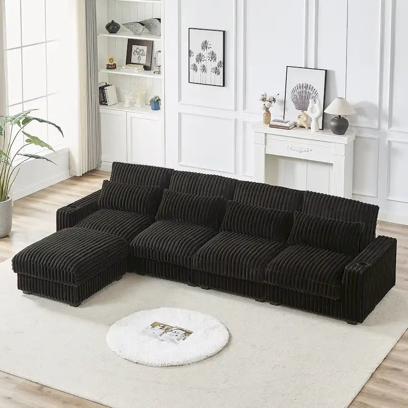 126W Corduroy Large L-Shaped Sofa With USB Port