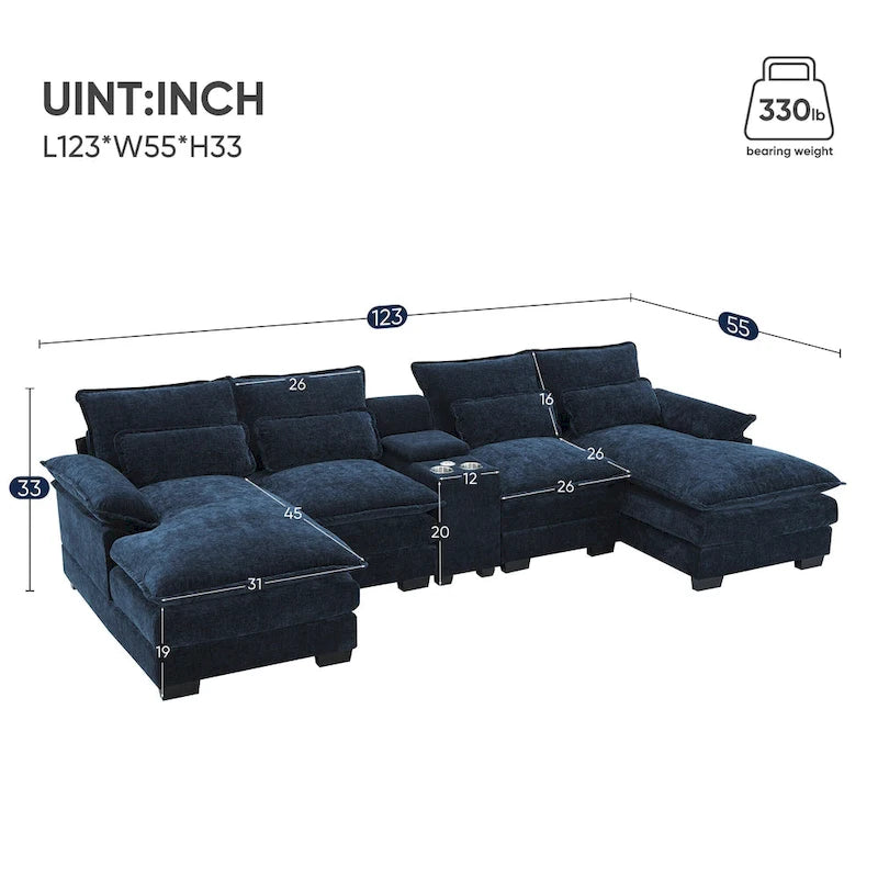 123*55 Modern U-shaped Sofa with Console,Cupholders and USB Ports, Upholstered ,Sleeper Couch Set with Chaise